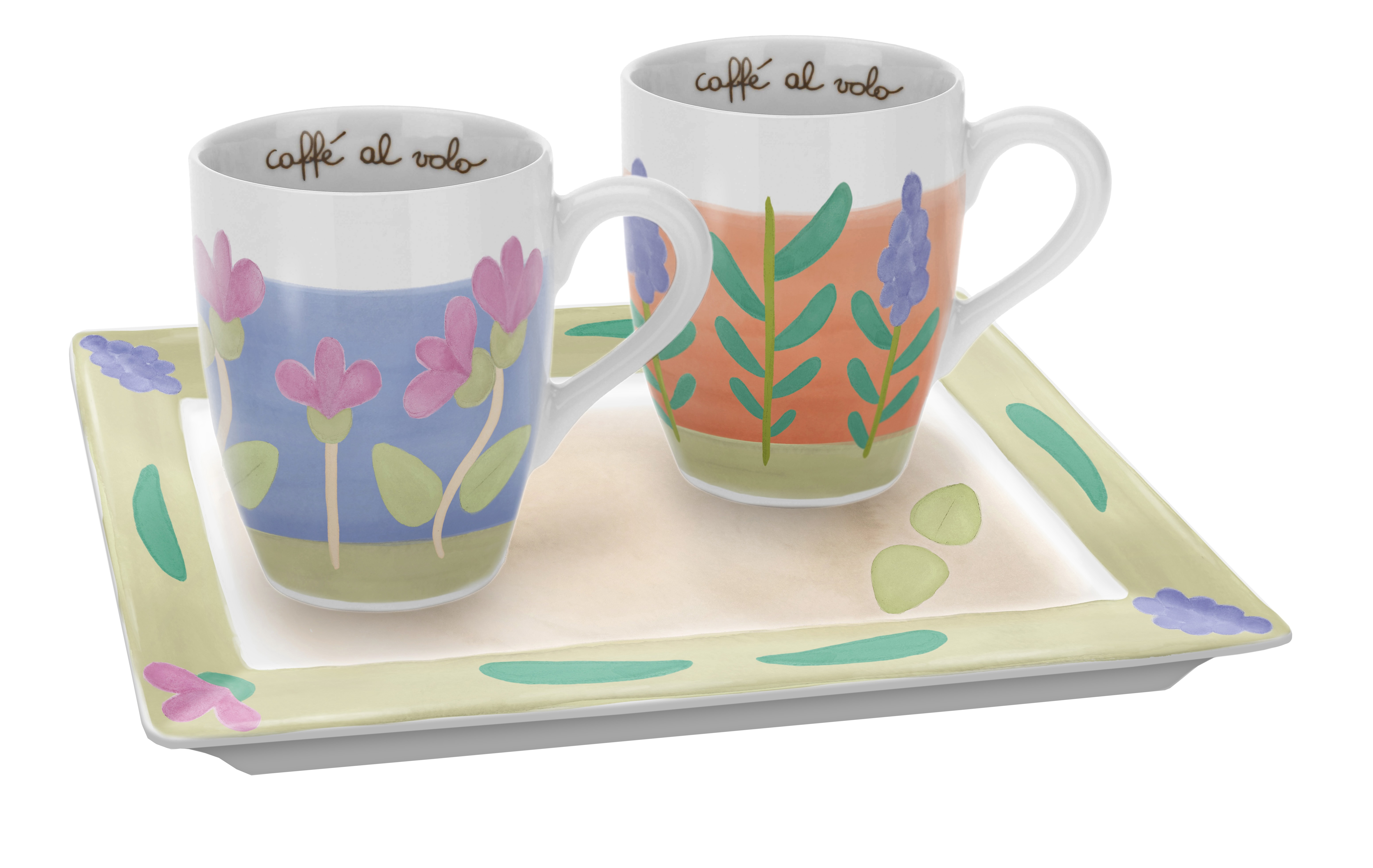 Set 2 mug con vassoio in porcellana Sorprese di Pasqua. Il vassoio misura vassoio L 22,5 x H 9 cm. Prezzo 34,90 euro.